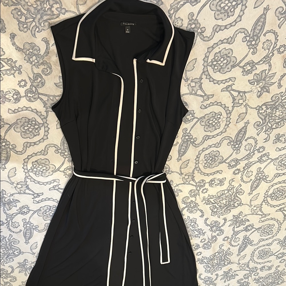Talbots Black Sleeveless Midi Shirt Dress with White Piping